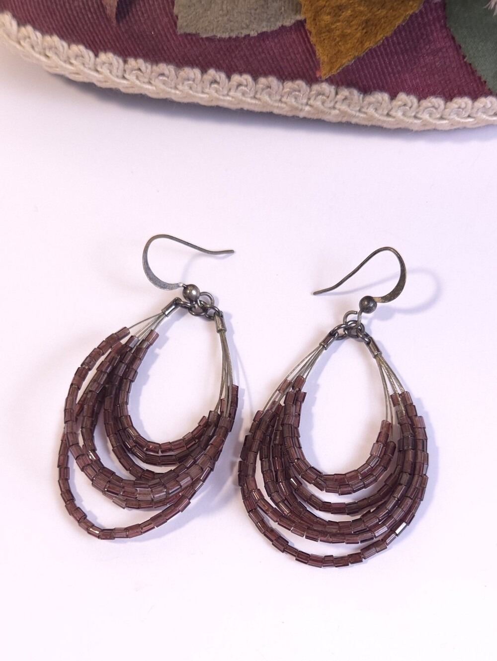 Handmade Purple Glass Tube Beaded Hoop Dangle Earrings Silver Plated Ear Wire